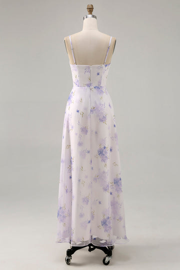 Lavender Flower Spaghetti Straps Cut Out Wedding Guest Dress with Slit